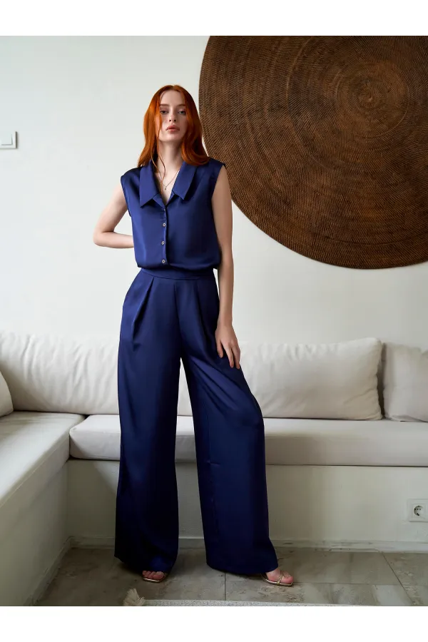 031649 Wide Pleated Satin Trousers