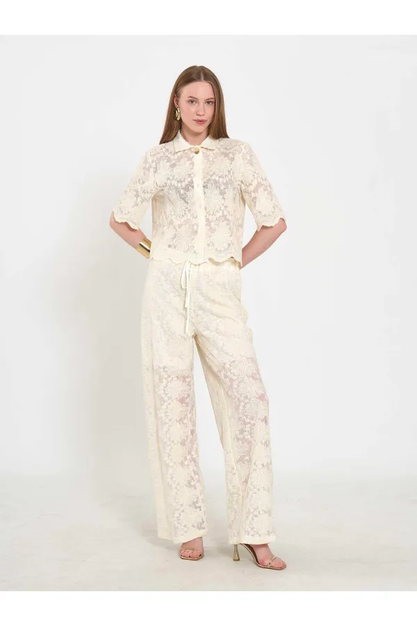 031669 Lace-Look Lined Trousers with Tie Waist