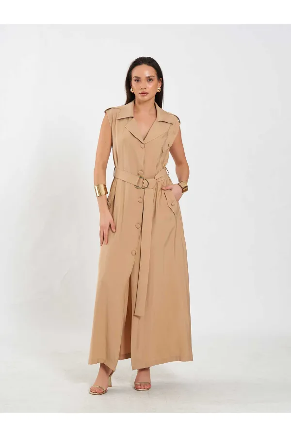 111702 Kolsuz Kendinden Kuşaklı Uzun Elbise
