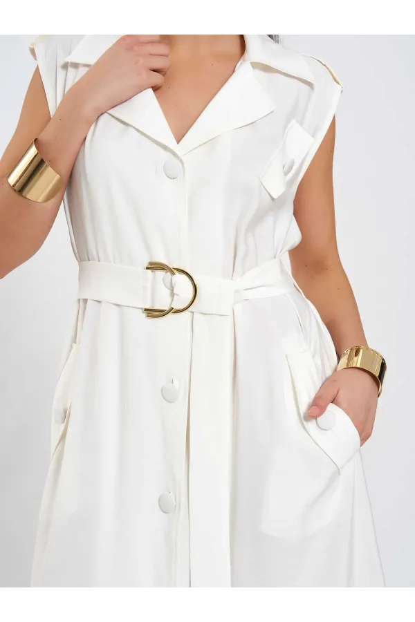 111702 Sleeveless Long Dress with Self-Belt