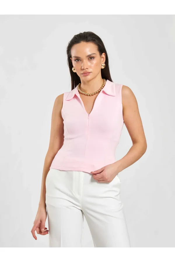 071894 Önü Fermuarlı Örme Kolsuz Body