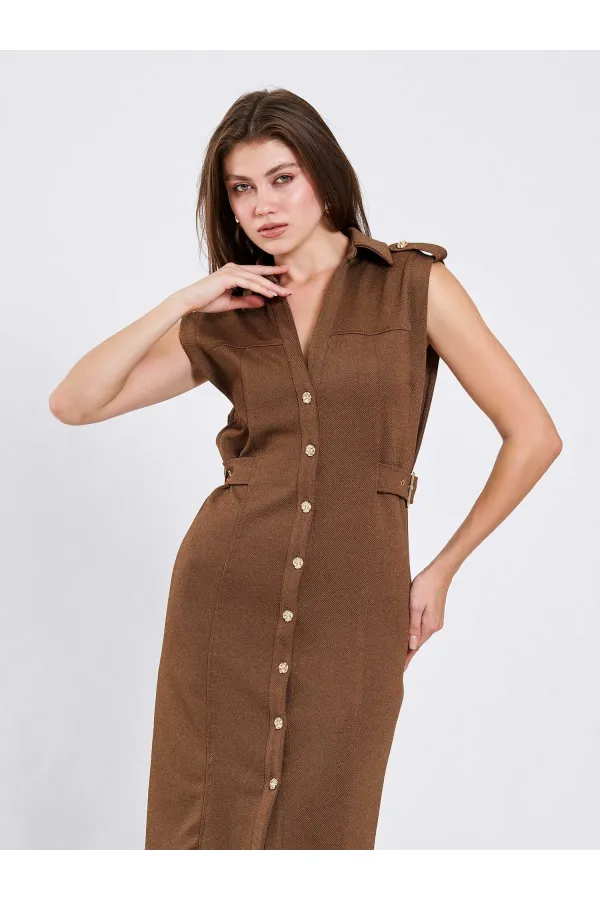 111636 Omzu Apoletli Örme Elbise