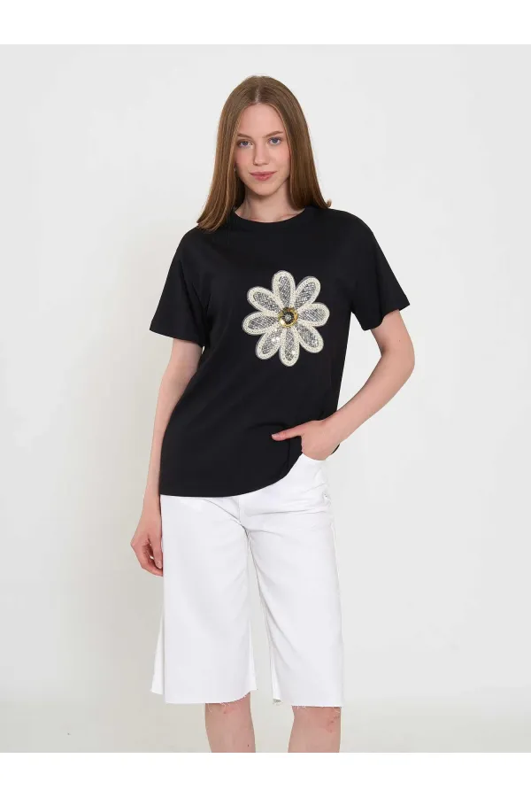 050740 T145 Crew Neck Knitted Floral Print T-Shirt
