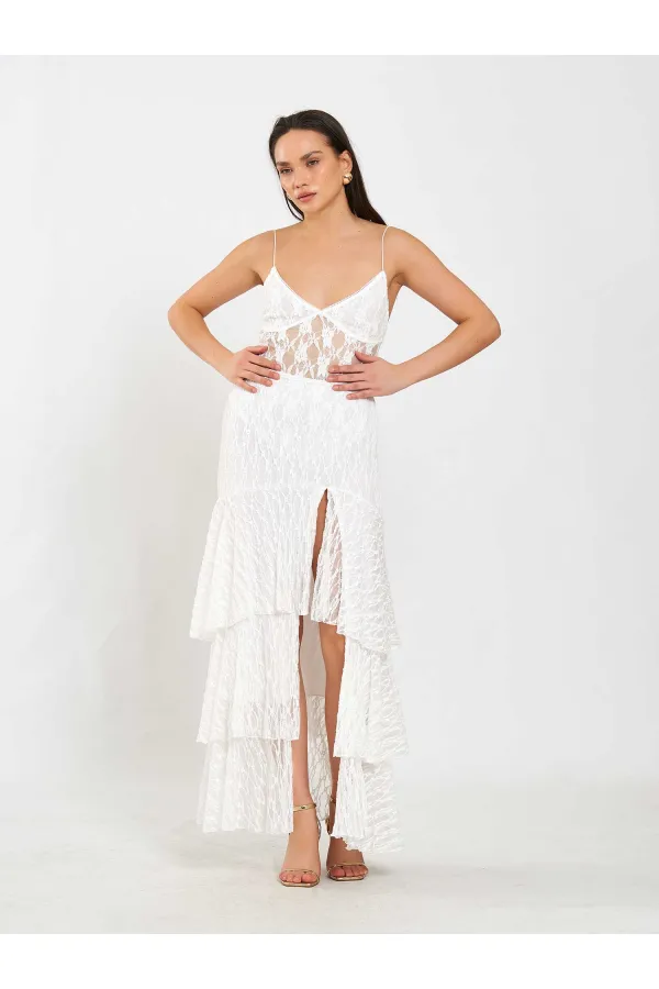 041177 Katlı Yırtmaçlı Dantel Etek