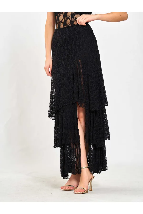 041177 Katlı Yırtmaçlı Dantel Etek