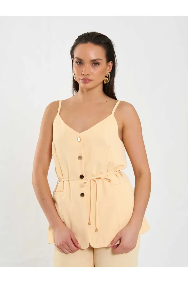 Gilet à col en V et ceinture à nouer à la taille 120743