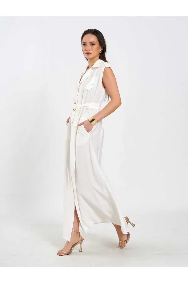 111702 Sleeveless Long Dress with Self-Belt