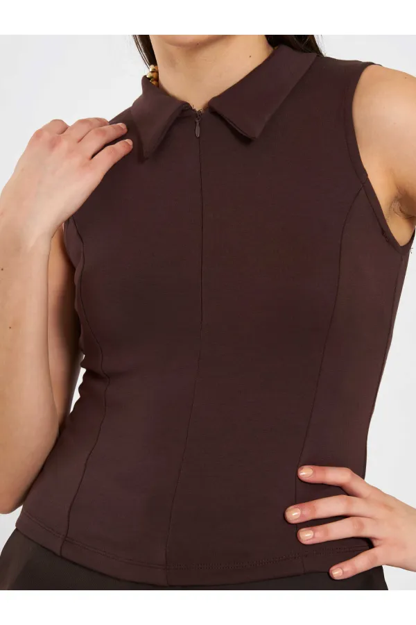 071894 Front Zipper Knitted Sleeveless Bodysuit