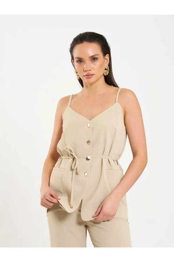 Gilet à col en V et ceinture à nouer à la taille 120743