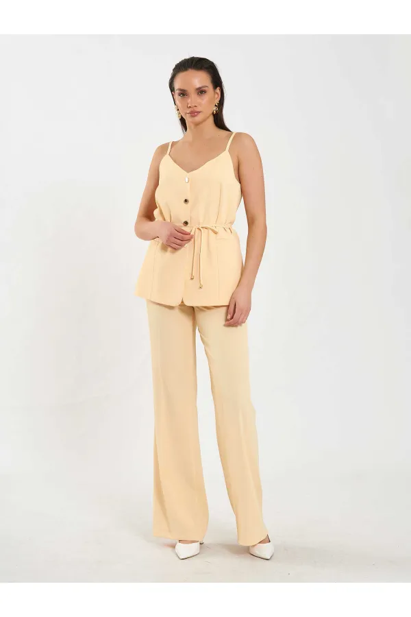 Gilet à col en V et ceinture à nouer à la taille 120743