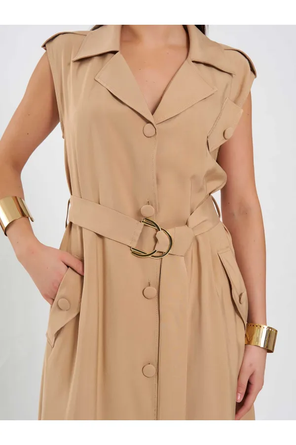 111702 Kolsuz Kendinden Kuşaklı Uzun Elbise