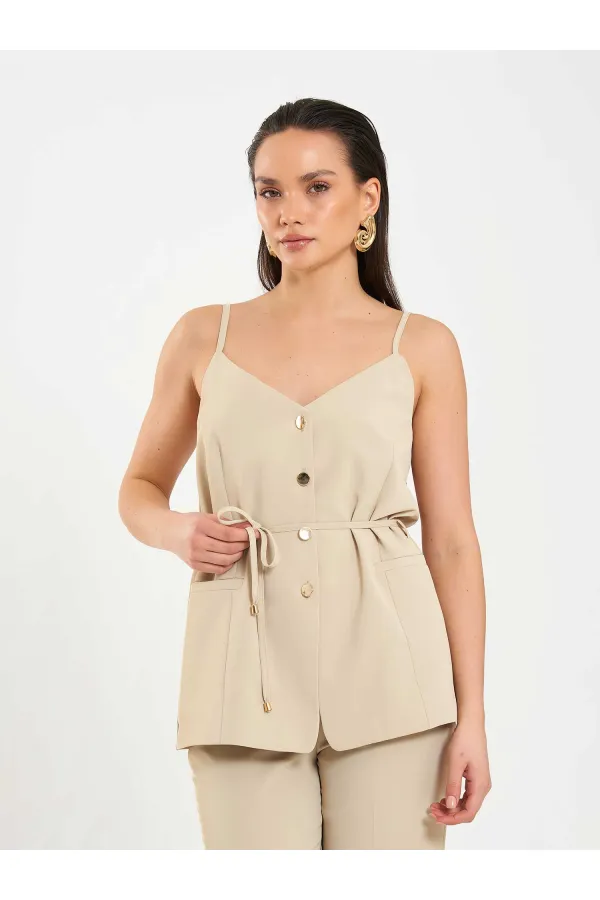 Gilet à col en V et ceinture à nouer à la taille 120743