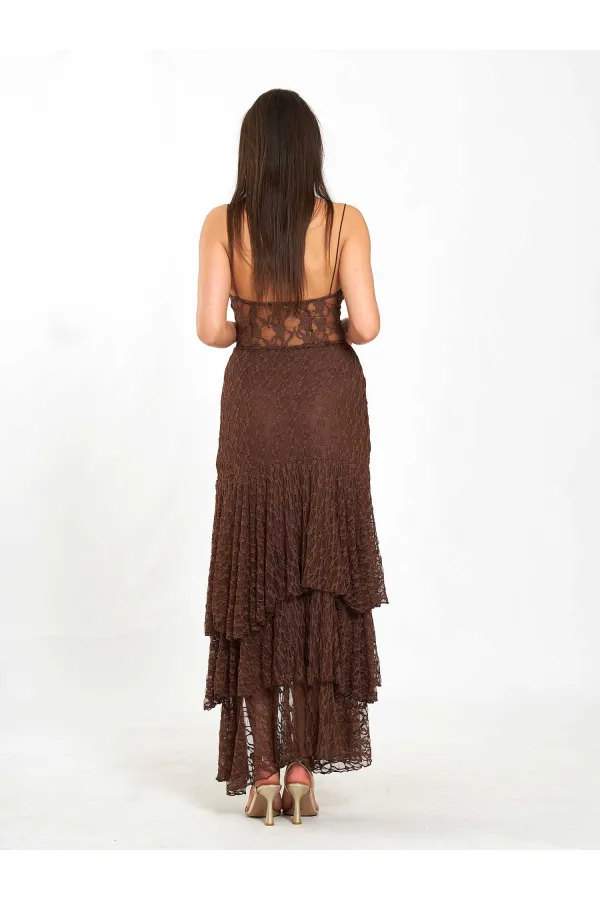 041177 Katlı Yırtmaçlı Dantel Etek