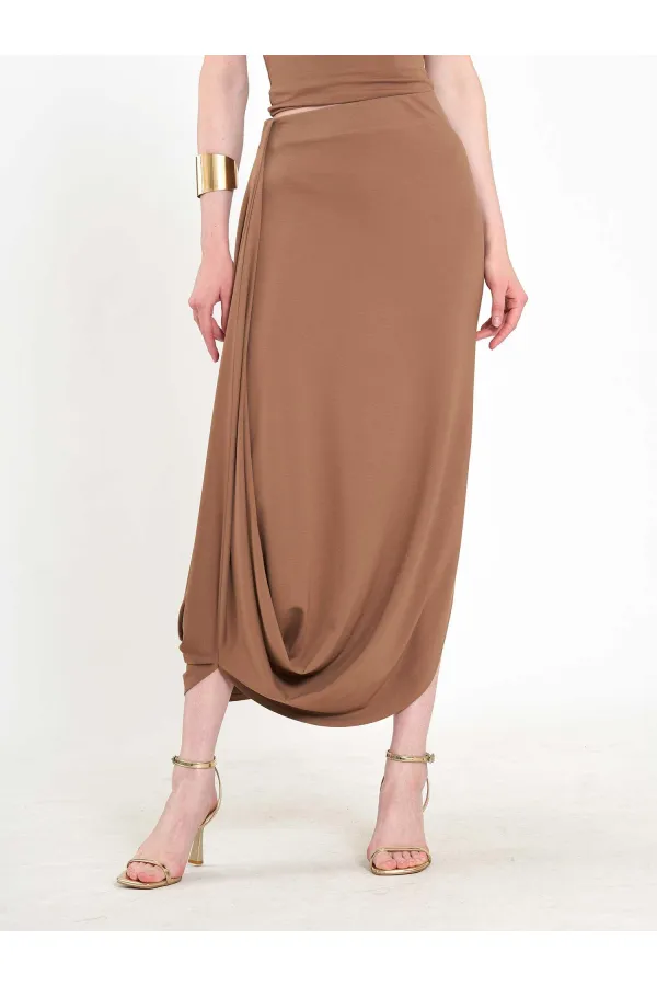 041197 Elastic Waist Asymmetrical Midi Skirt