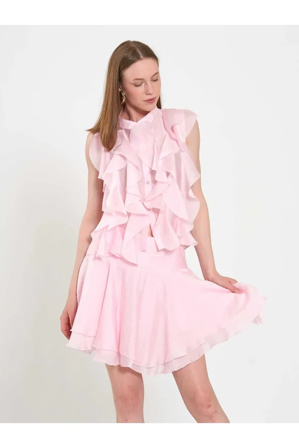 080774 Sleeveless Shirt with Ruffle Detail at Front