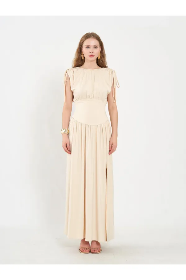 111691 Beli Korsajlı Uzun Elbise