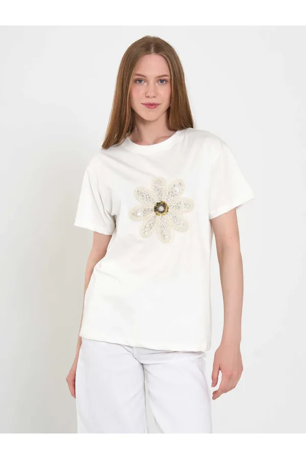 050740 T145 Crew Neck Knitted Floral Print T-Shirt