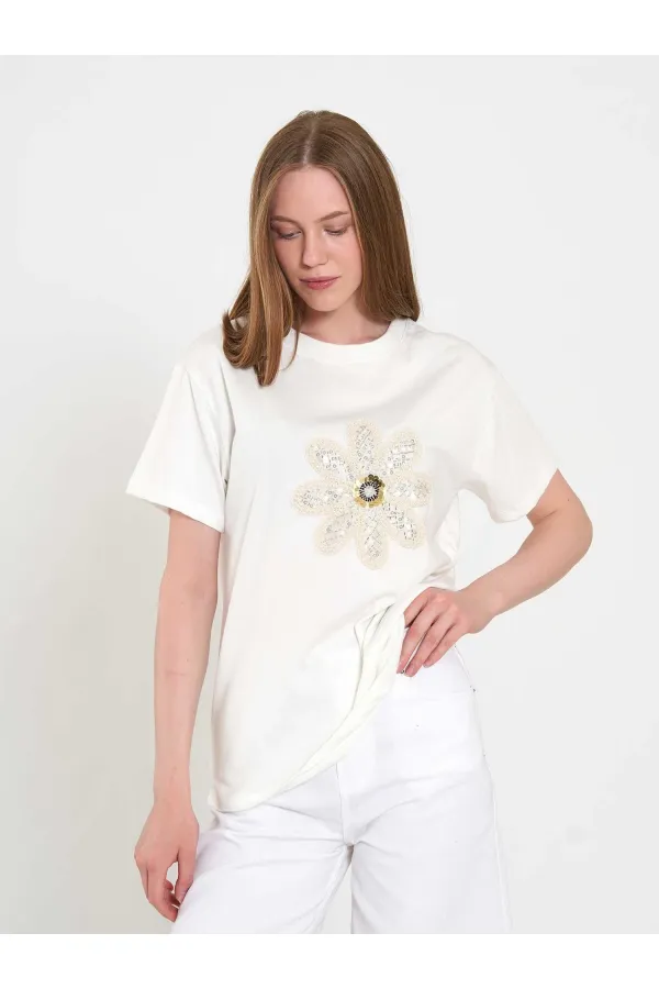 050740 T145 Crew Neck Knitted Floral Print T-Shirt