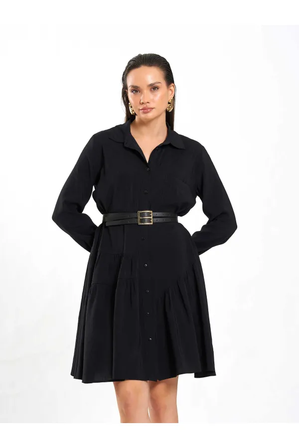 111703 Belted Ruffled Asymmetrical Dress