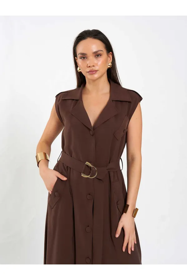 111702 Kolsuz Kendinden Kuşaklı Uzun Elbise