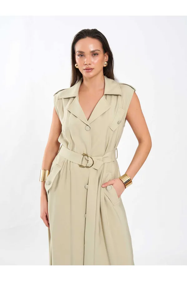 111702 Kolsuz Kendinden Kuşaklı Uzun Elbise