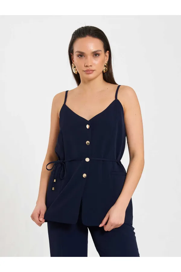 Gilet à col en V et ceinture à nouer à la taille 120743