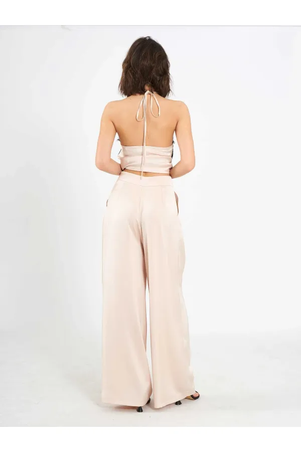 031649 Wide Pleated Satin Trousers