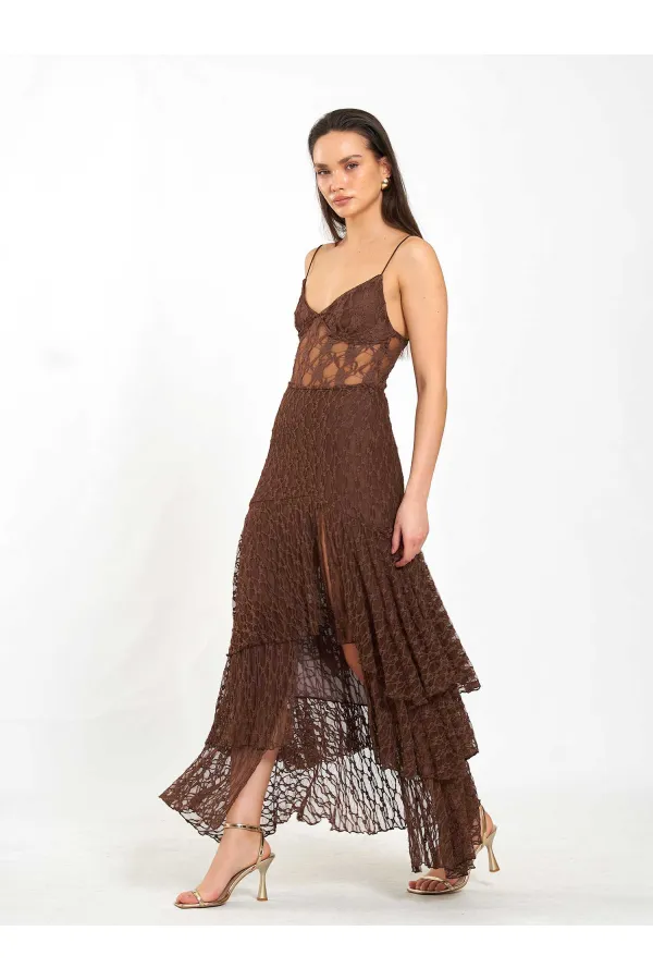 041177 Katlı Yırtmaçlı Dantel Etek