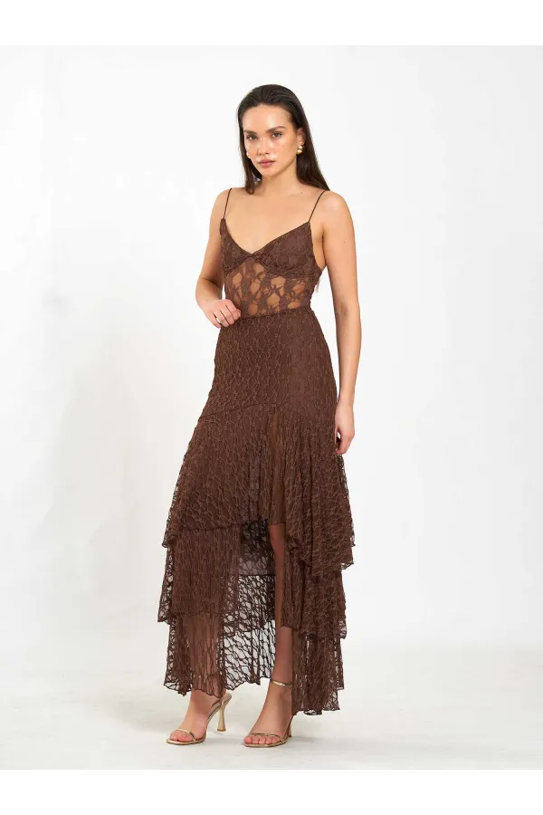 041177 Katlı Yırtmaçlı Dantel Etek