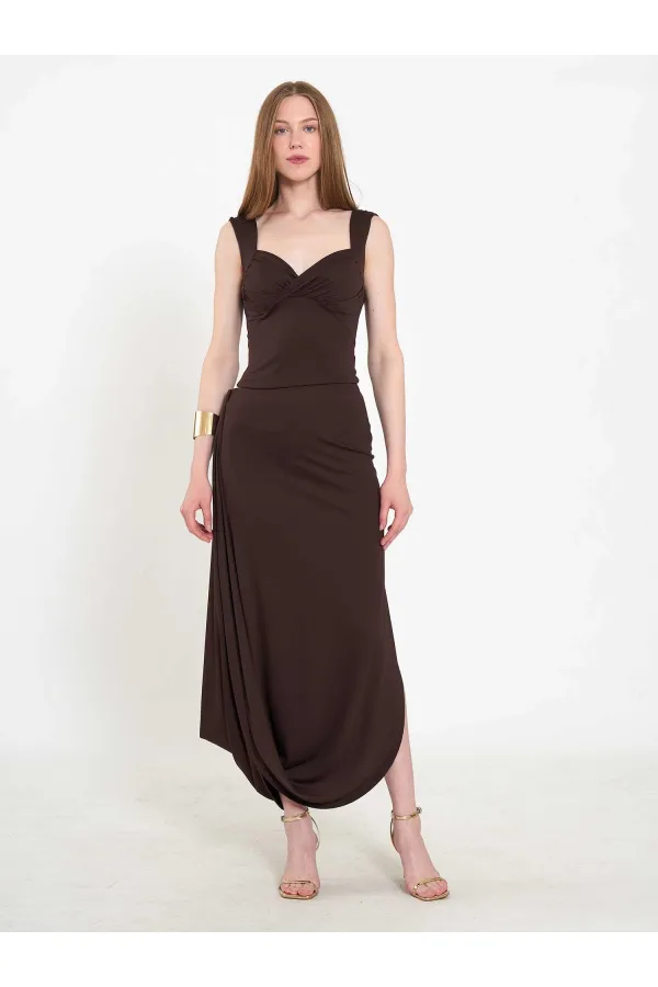 041197 Elastic Waist Asymmetrical Midi Skirt