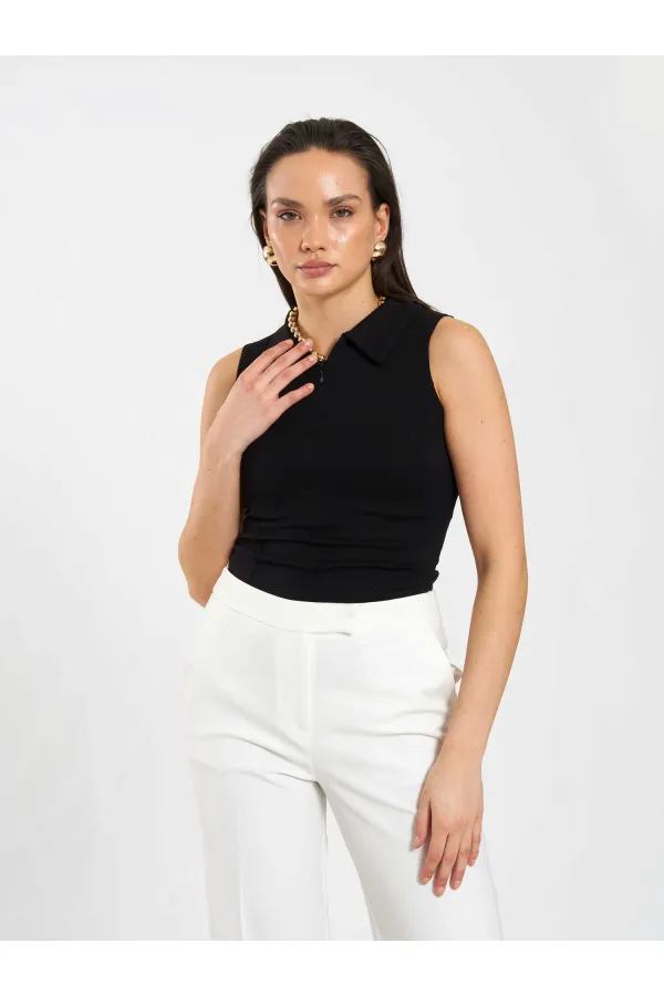 071894 Önü Fermuarlı Örme Kolsuz Body