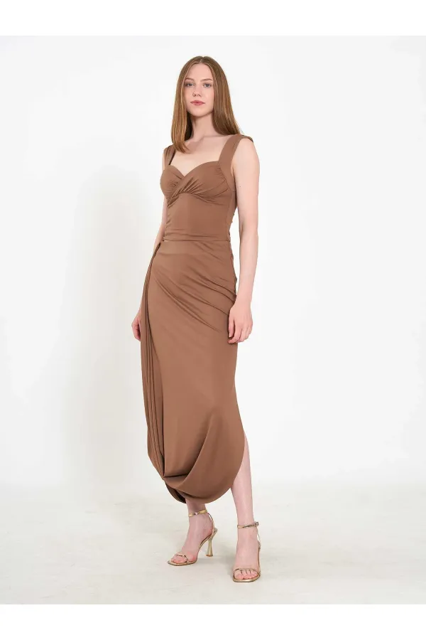 041197 Elastic Waist Asymmetrical Midi Skirt