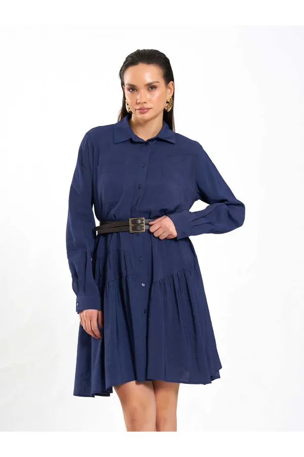 111703 Belted Ruffled Asymmetrical Dress