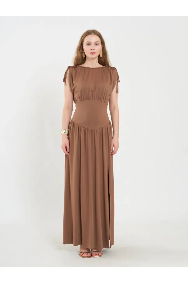 111691 Beli Korsajlı Uzun Elbise