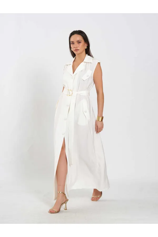 111702 Sleeveless Long Dress with Self-Belt
