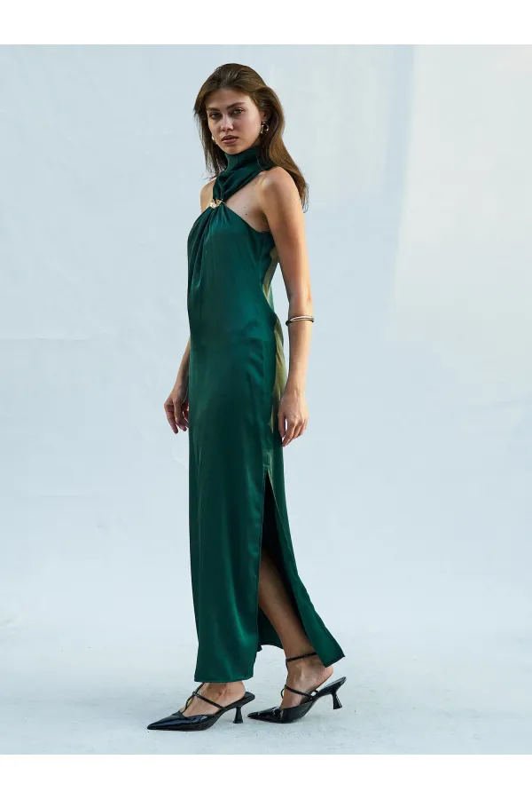 111631 Buckled Slit Long Satin Dress