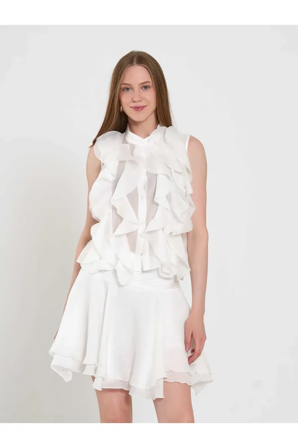 080774 Sleeveless Shirt with Ruffle Detail at Front