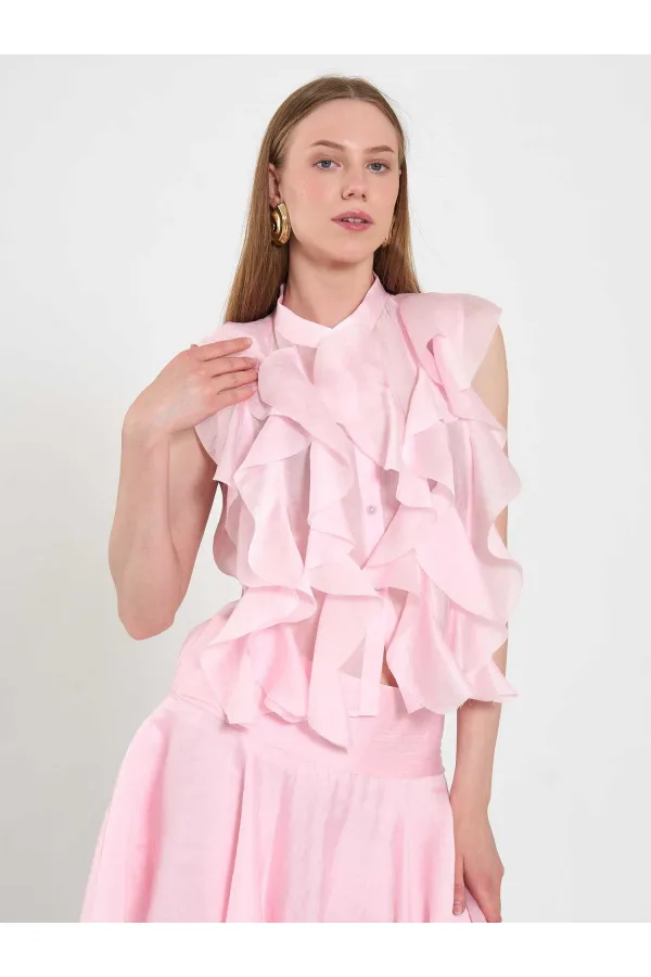 080774 Sleeveless Shirt with Ruffle Detail at Front