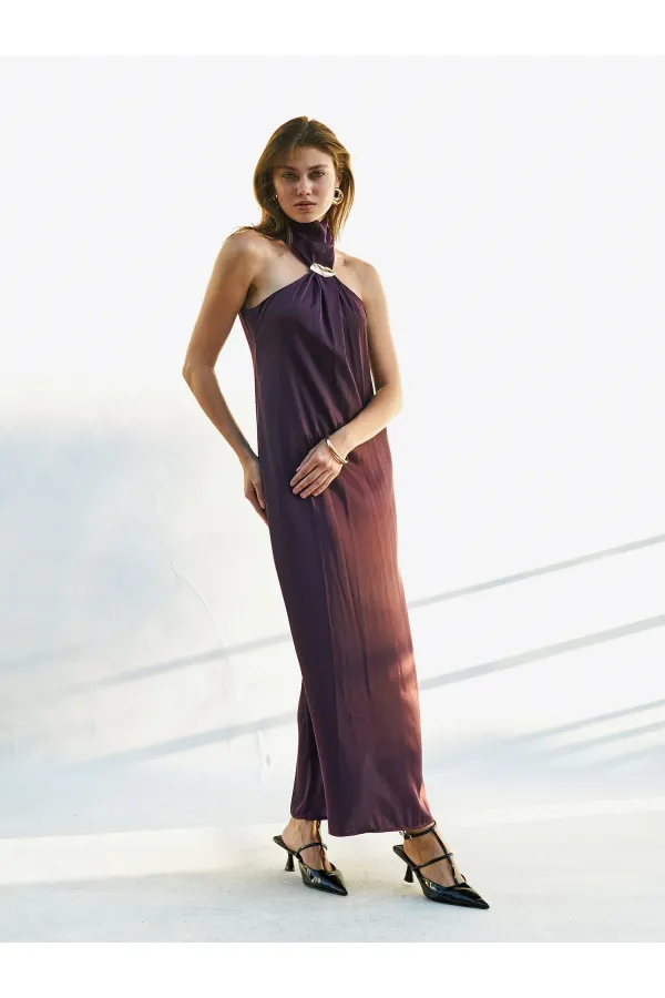 111631 Buckled Slit Long Satin Dress