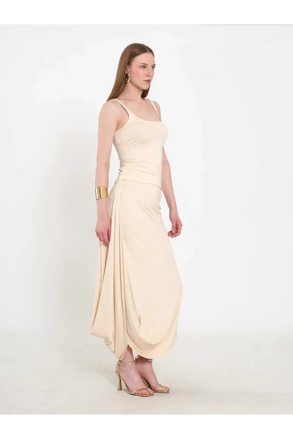 041197 Elastic Waist Asymmetrical Midi Skirt