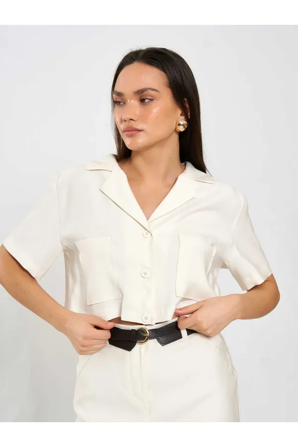 080801 Kısa Kollu Crop Cepli Gömlek