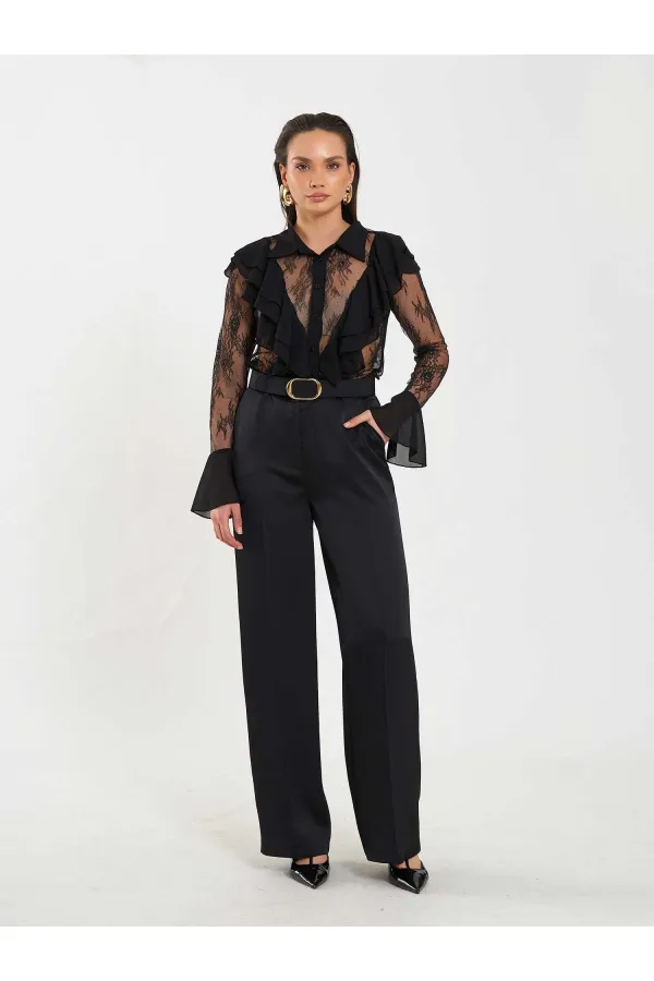 Pantalon droit satiné avec ceinture 031656