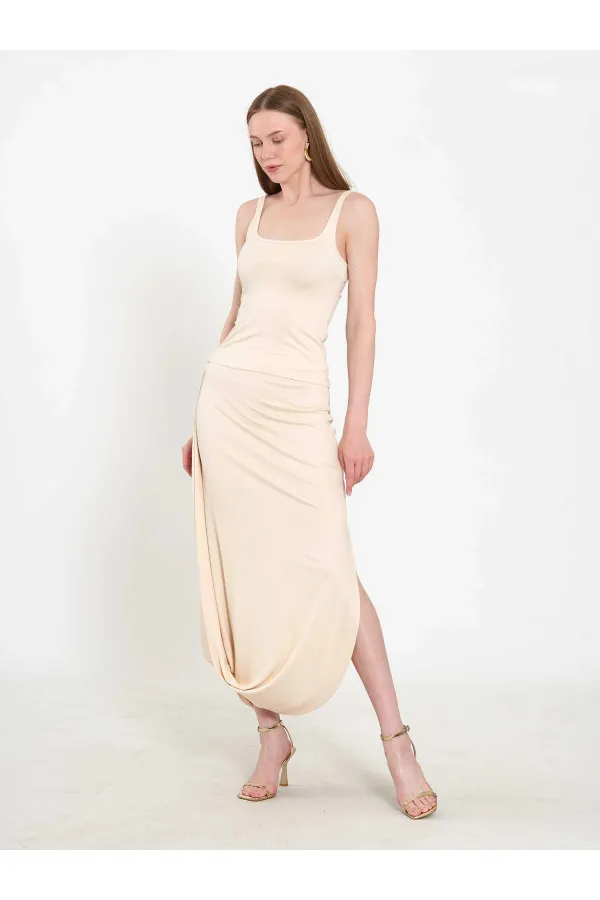 041197 Elastic Waist Asymmetrical Midi Skirt