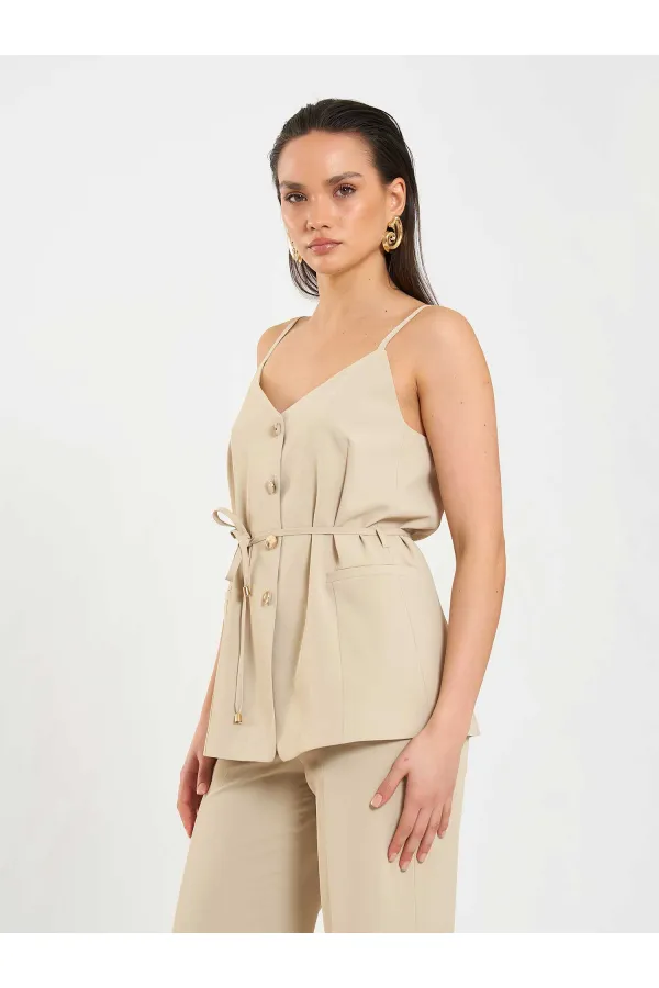 Gilet à col en V et ceinture à nouer à la taille 120743