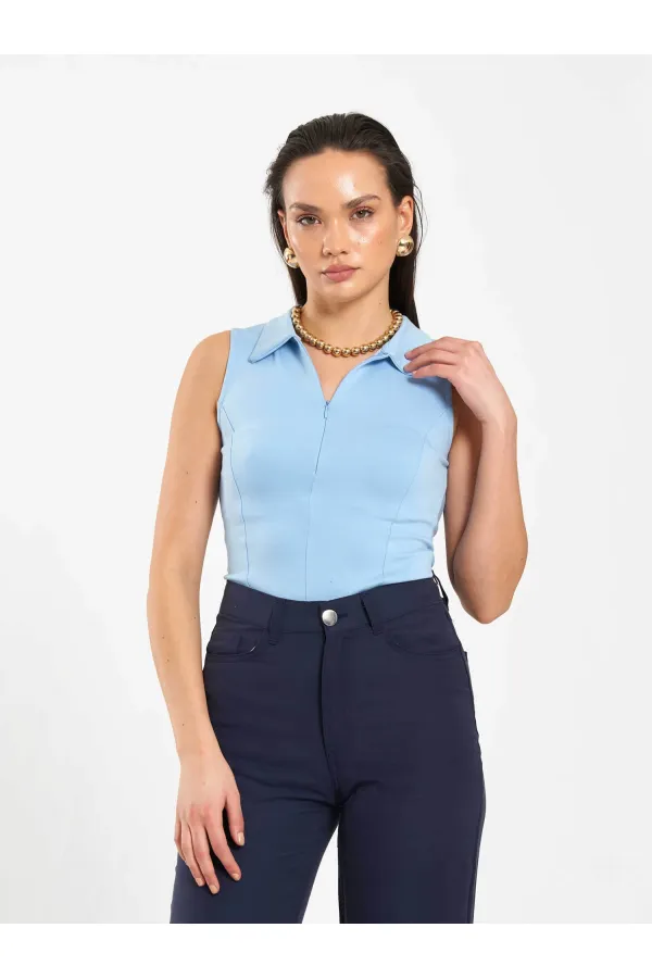 071894 Front Zipper Knitted Sleeveless Bodysuit