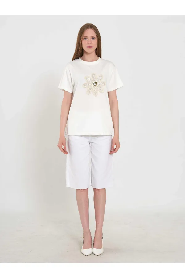 050740 T145 Crew Neck Knitted Floral Print T-Shirt