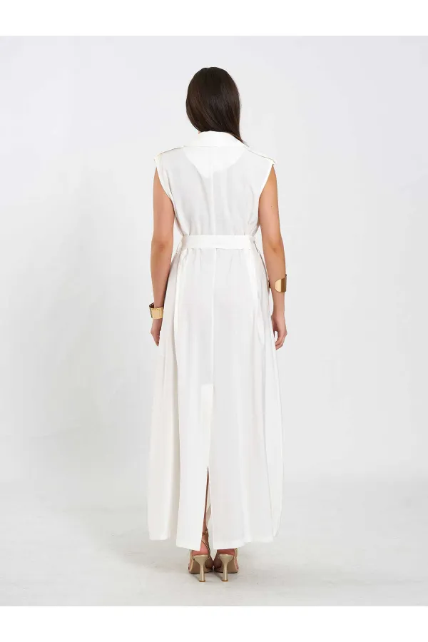 111702 Sleeveless Long Dress with Self-Belt