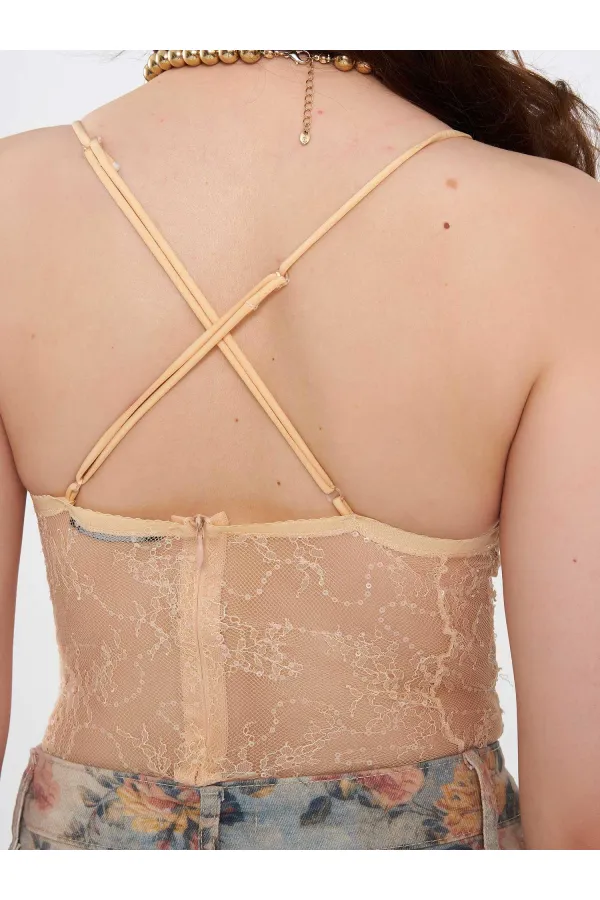 071914 Lace Back Cross Strap Bodysuit