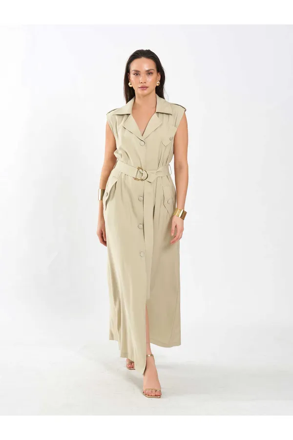 111702 Kolsuz Kendinden Kuşaklı Uzun Elbise