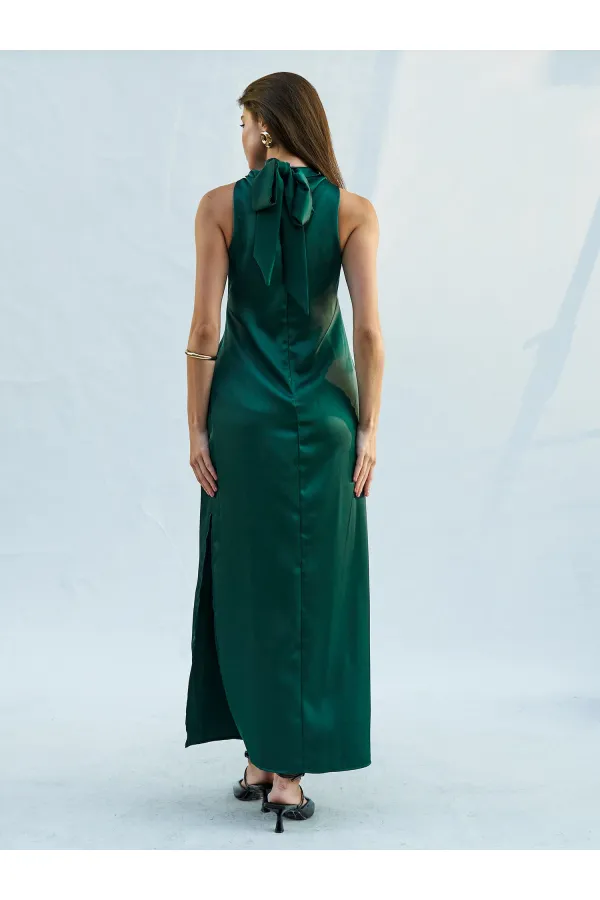 111631 Buckled Slit Long Satin Dress